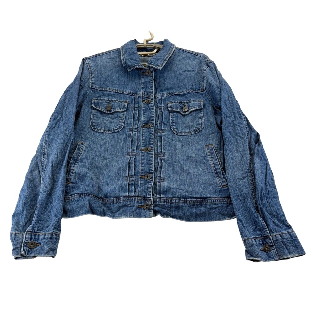 St. John's Bay Denim Jacket Womens L Blue Trucker Button Front Pleated Jean Coat